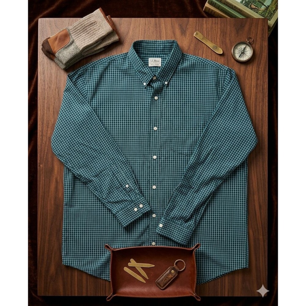 LL Bean Men’s XXL Green White Plaid Long Sleeve Button Up Shirt Traditional Fit